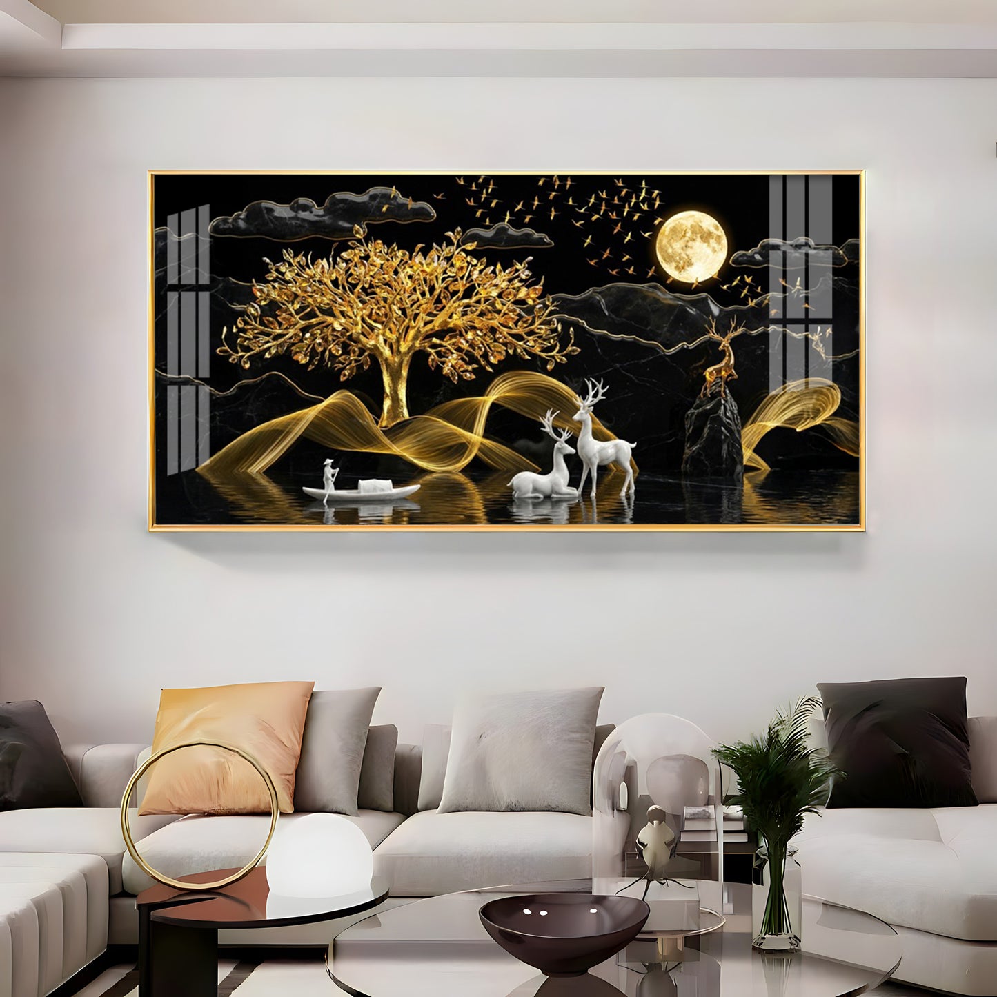 White Deer With Golden Tree Premium Acrylic Horizontal Wall Art
