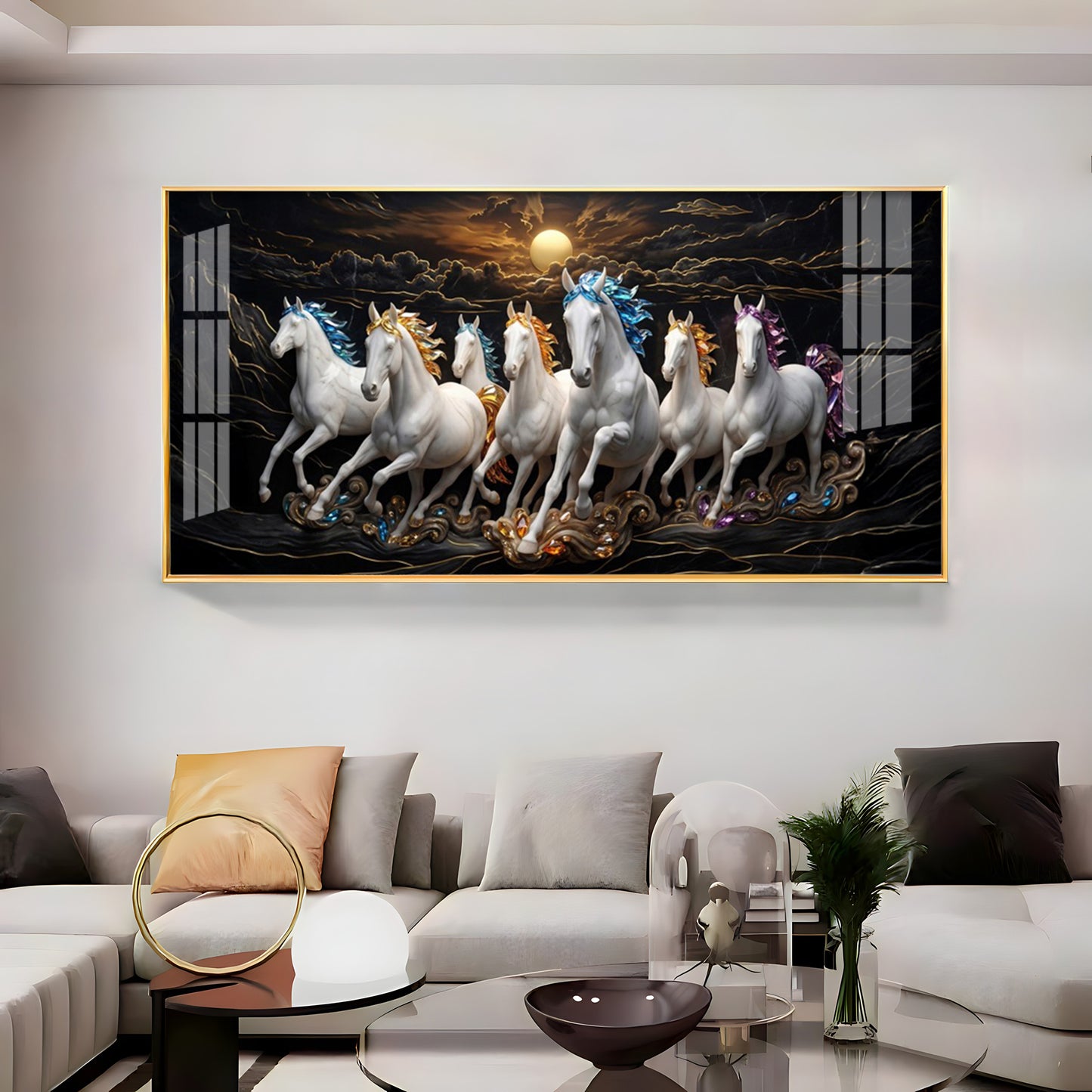 White Seven Running Vastu Lucky Horses Premium Acrylic Horizontal Wall Art