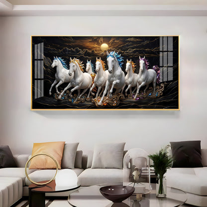 White Seven Running Vastu Lucky Horses Premium Acrylic Horizontal Wall Art