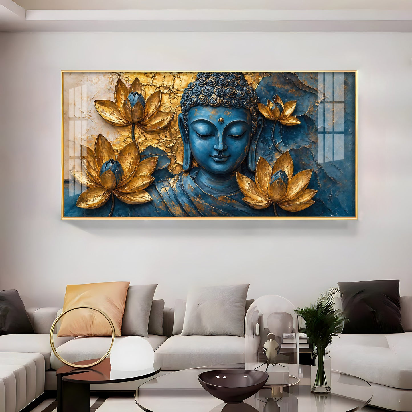Lord Buddha Surrounded With Lotus Flowers Premium Acrylic Horizontal Wall Art