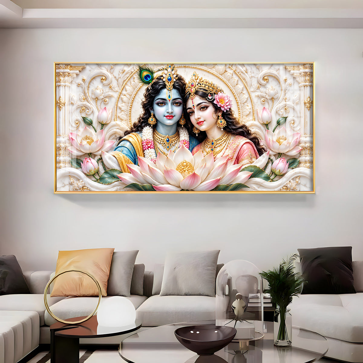 Radha Krishna With Lotus Premium Acrylic Horizontal Wall Art