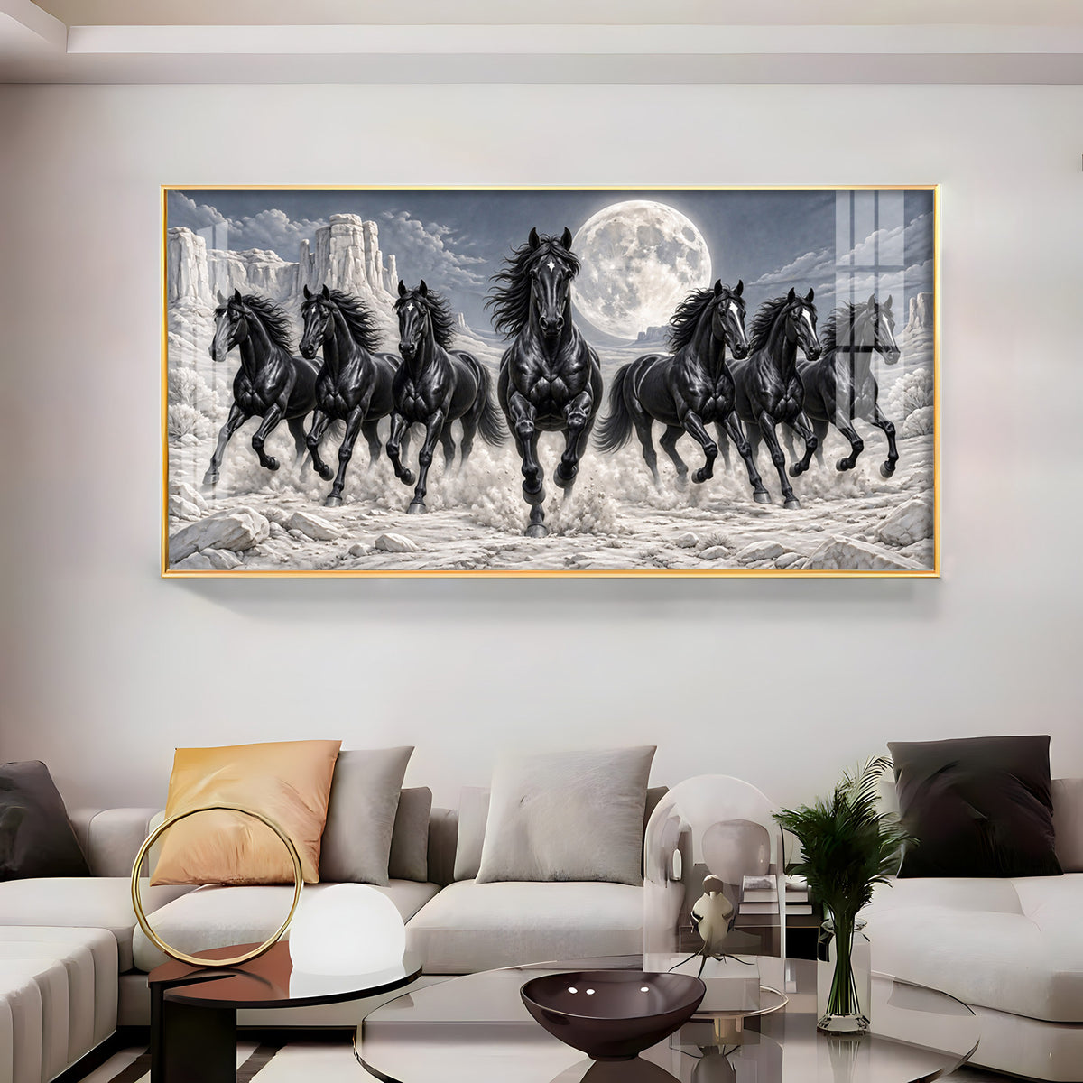 Seven Running Black Horses Premium Acrylic Horizontal Wall Art