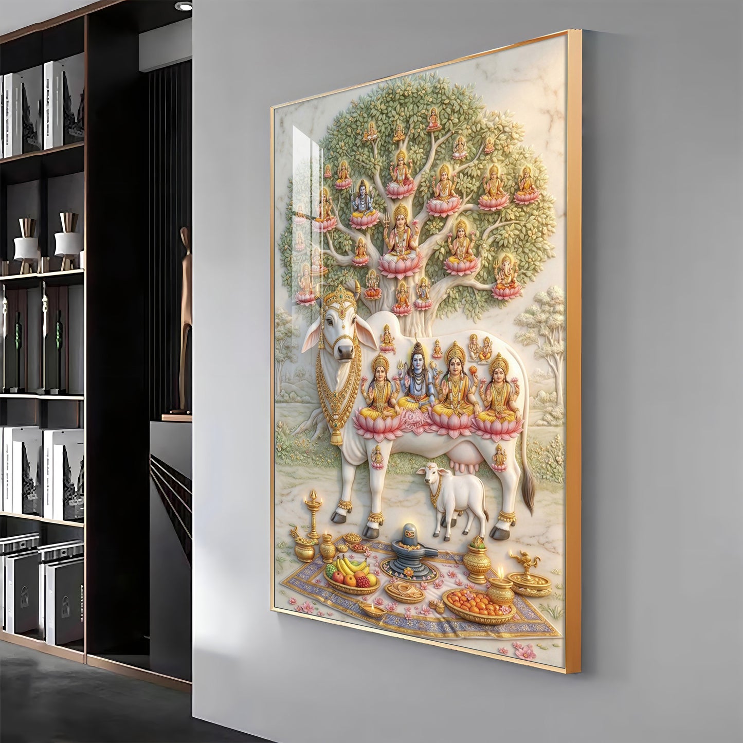 Om Namho Shri Kamdhenu Cow Premium Acrylic Vertical Wall Art