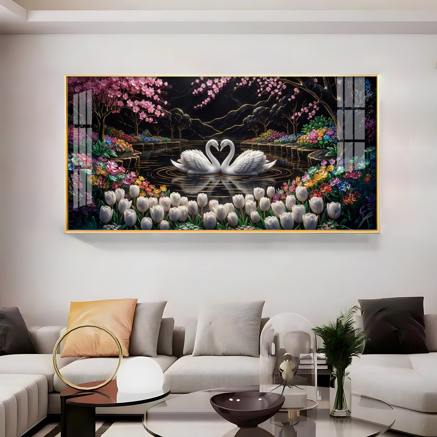 Romantic Swan Lake Love Birds Premium Acrylic Horizontal Wall Art