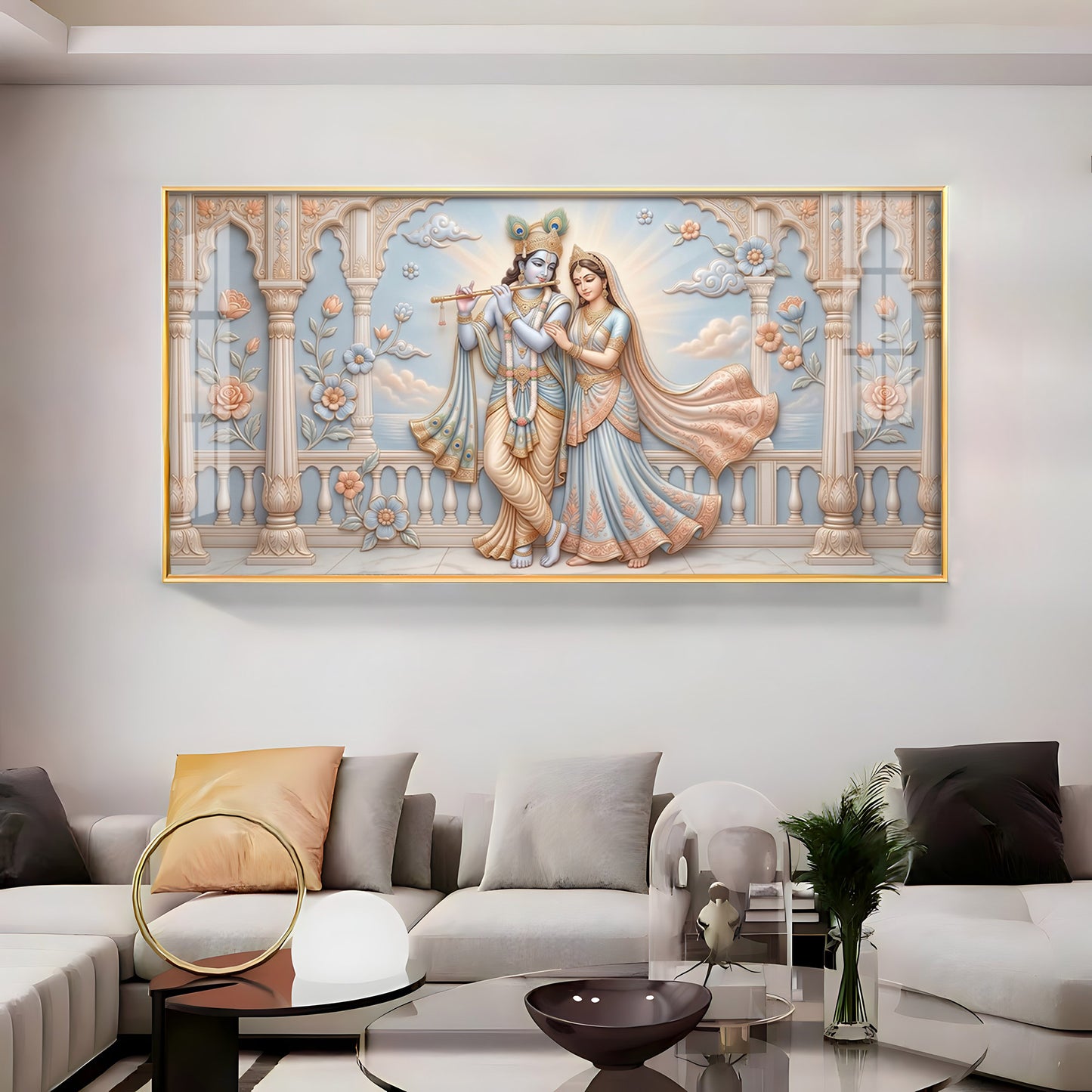 Krishna Playing The Flute Beside Radha Premium Acrylic Horizontal Wall Art