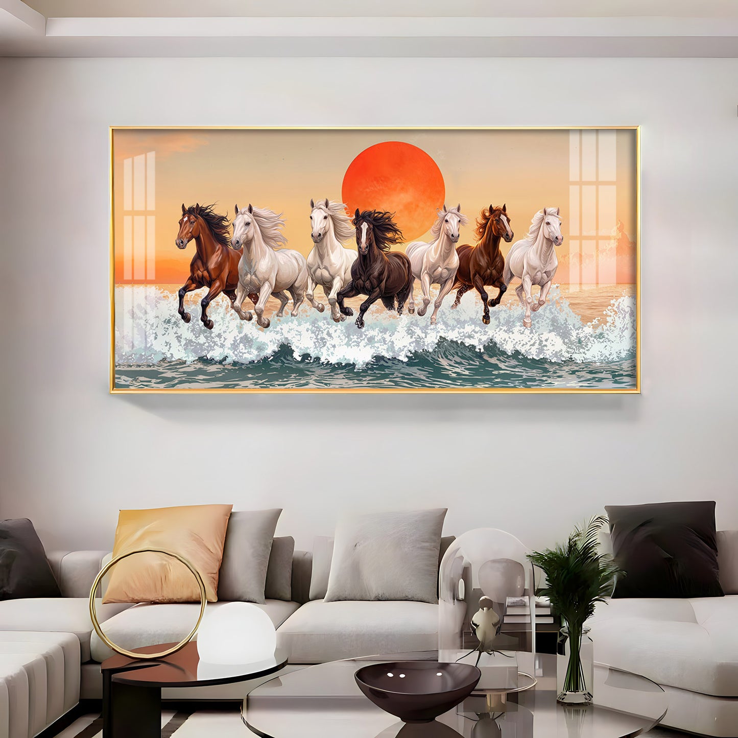 Seven Horses Glloping Across Ocean Premium Acrylic Horizontal Wall Art