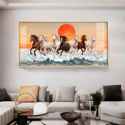 Seven Horses Glloping Across Ocean Premium Acrylic Horizontal Wall Art