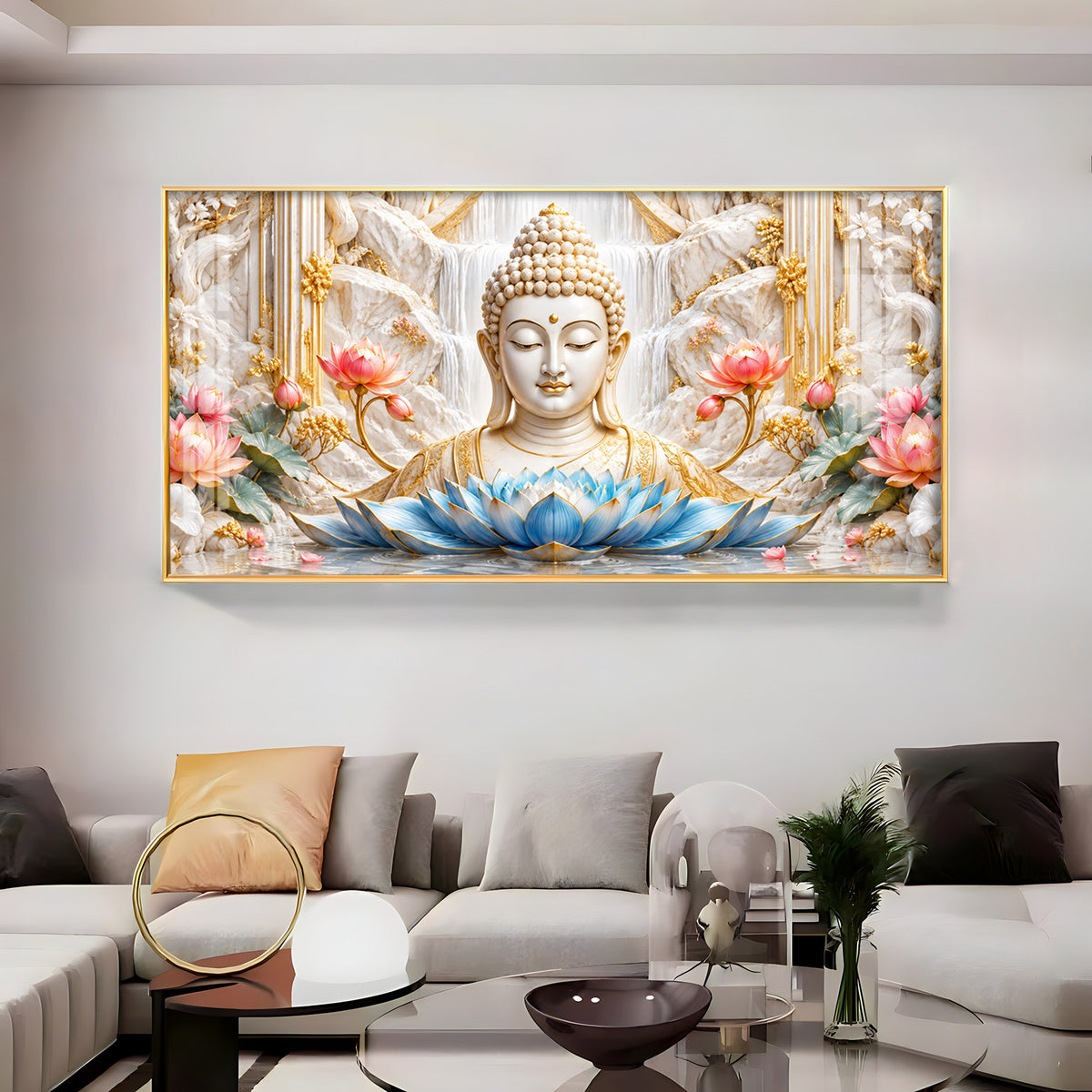Buddha With Blue Lotus Premium Acrylic Horizontal Wall Art