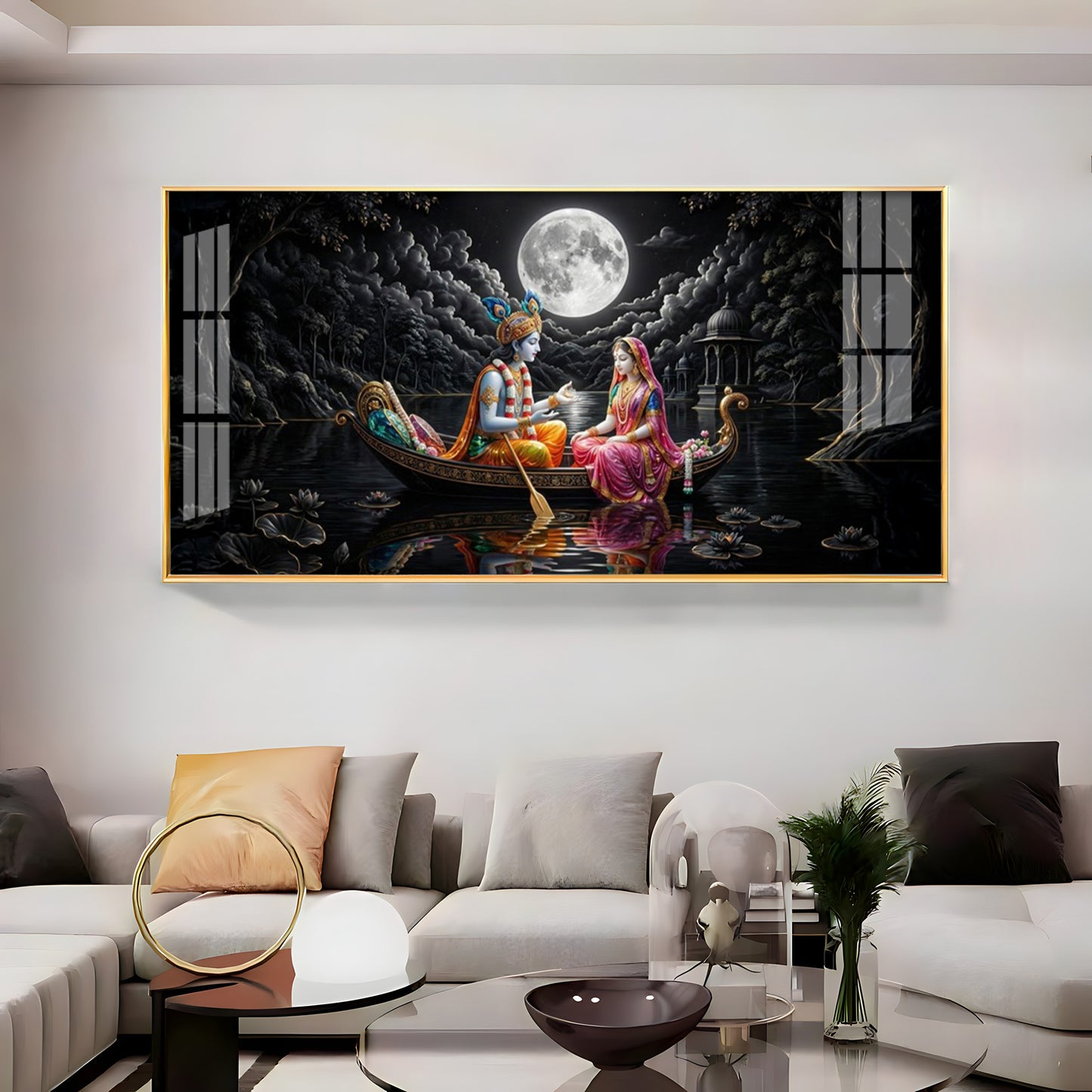 Radha & Krishna's Moonlit Journey Premium Acrylic Horizontal Wall Art