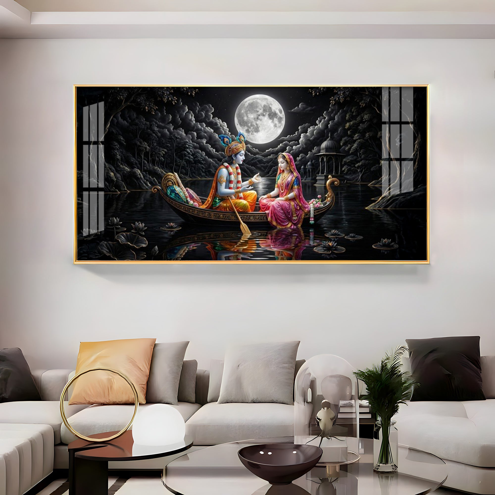 Radha & Krishna's Moonlit Journey Premium Acrylic Horizontal Wall Art