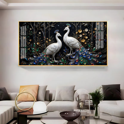 Two White Peacocks With Jewel Tails Premium Acrylic Horizontal Wall Art