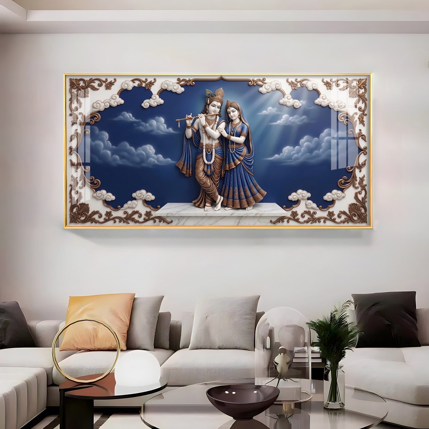 Radha Krishna Surrounded With Blue Backdrop Premium Acrylic Horizontal Wall Art