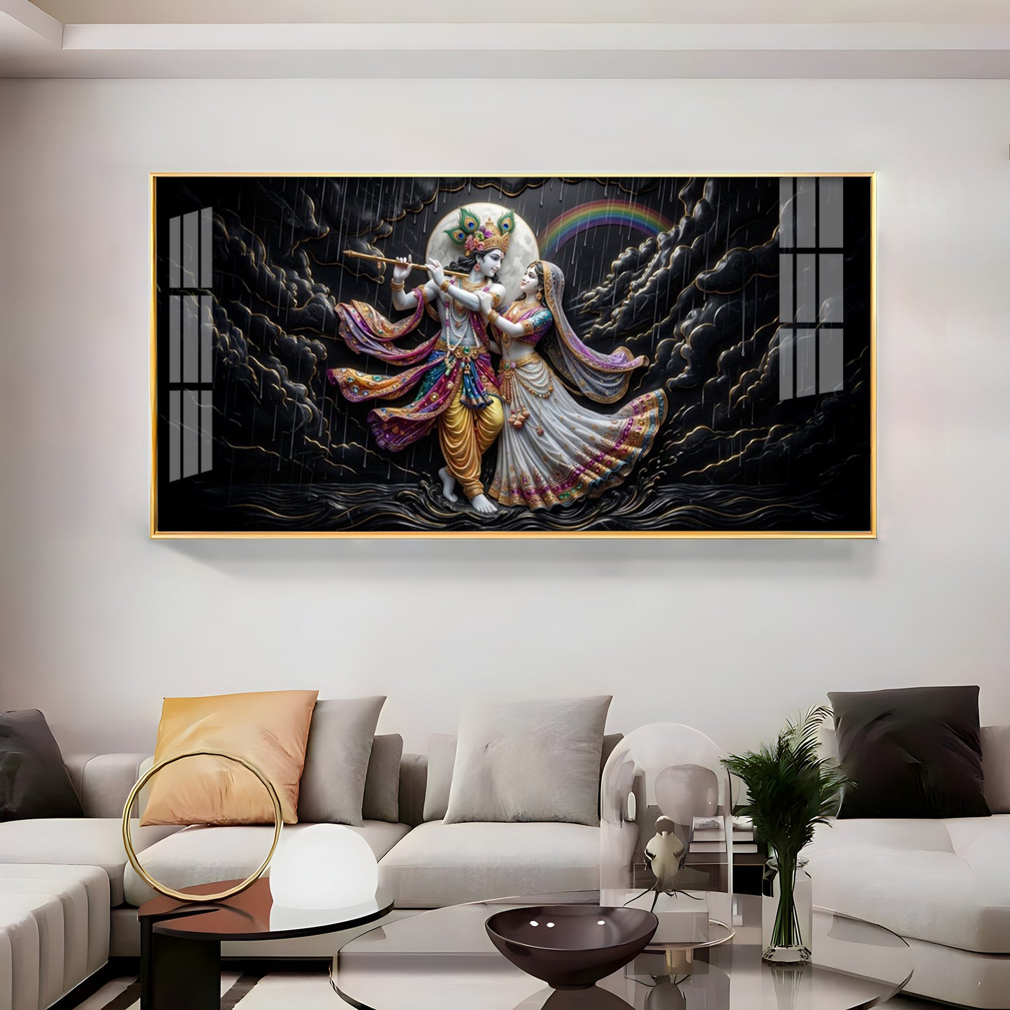 Radha Krishna High Contrast Black Backdrop Premium Acrylic Horizontal Wall Art