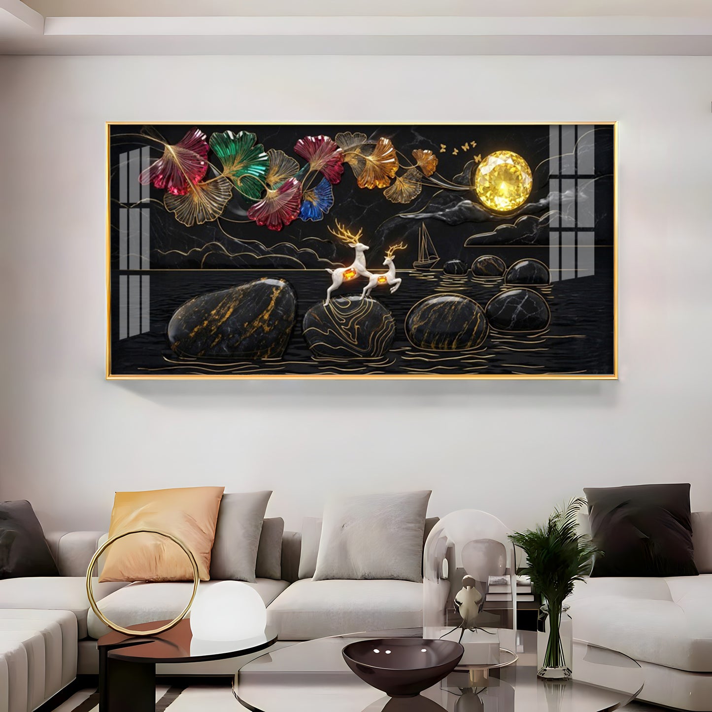 Luxurious Gold Moon and Deerstone Dreams Premium Acrylic Horizontal Wall Art
