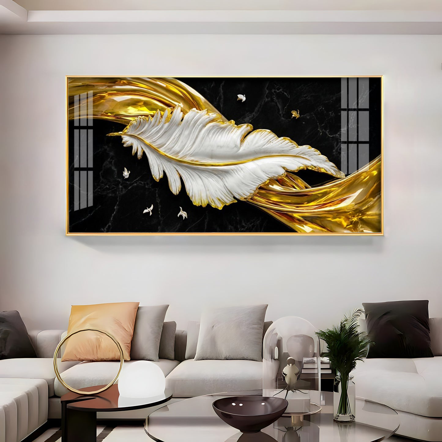White & Gold Feather Premium Acrylic Horizontal Wall Art