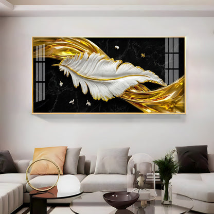 White & Gold Feather Premium Acrylic Horizontal Wall Art