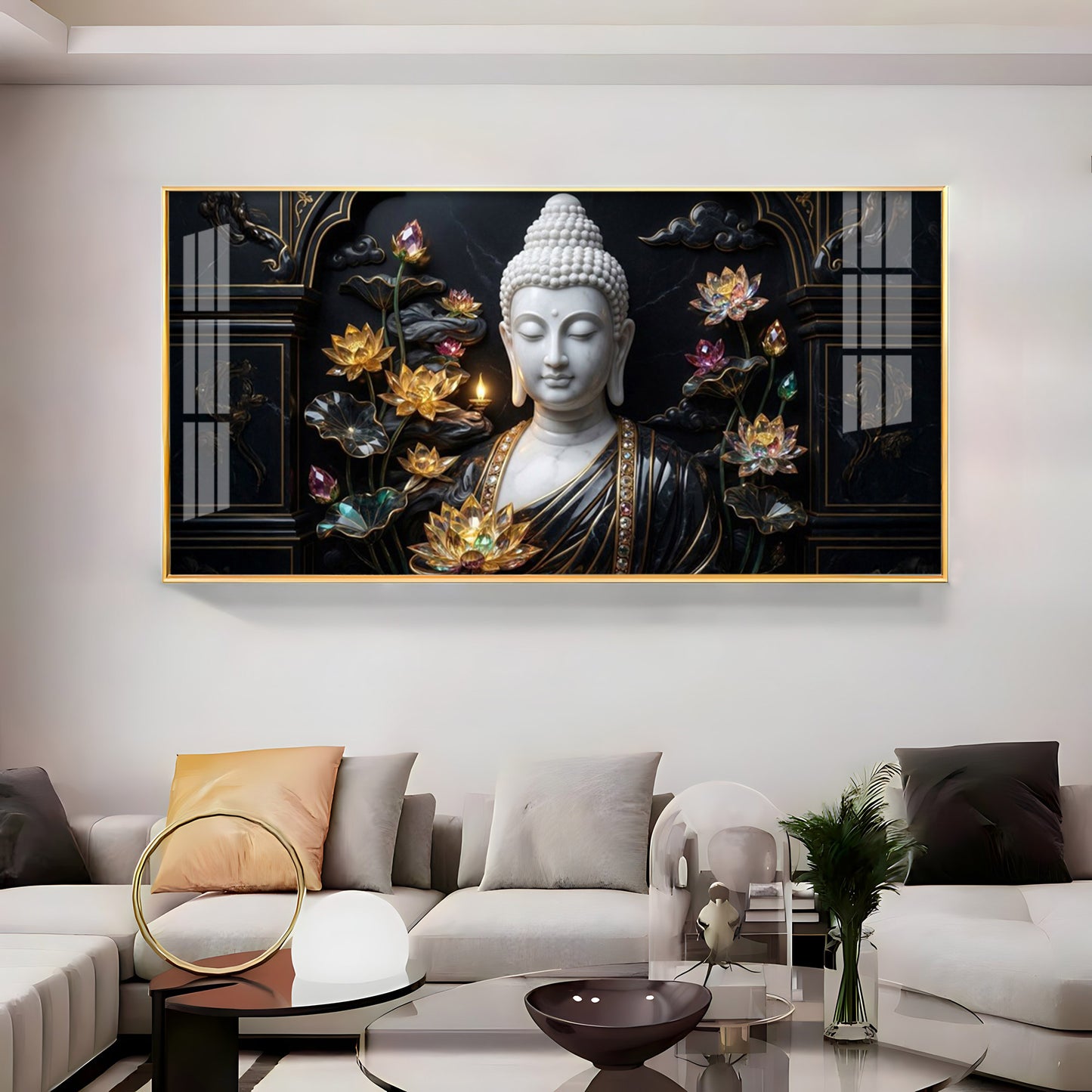 Buddha's Floral Embrace Premium Acrylic Horizontal Wall Art