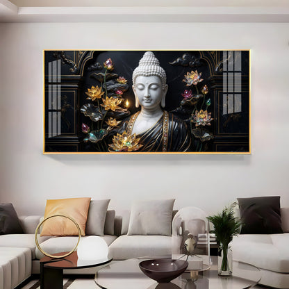 Buddha's Floral Embrace Premium Acrylic Horizontal Wall Art