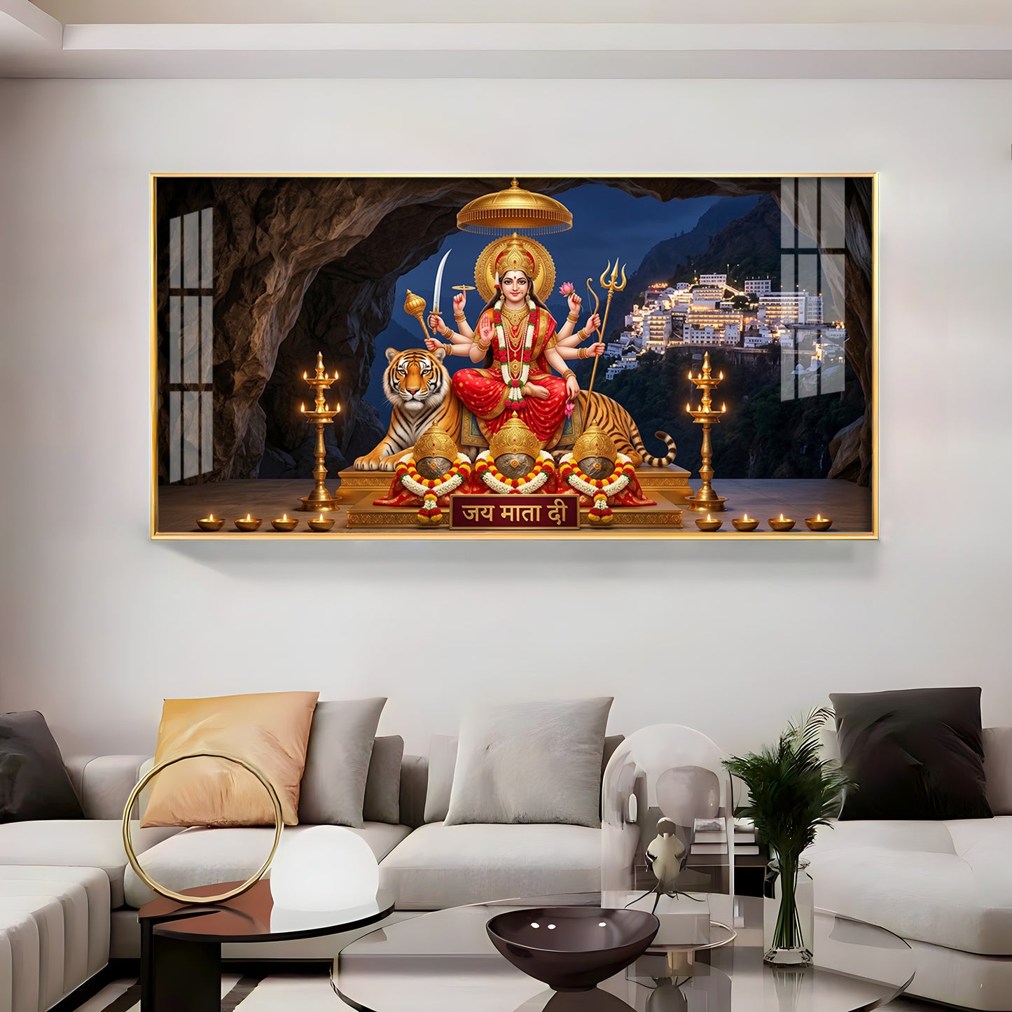 Goddess Durga With Maa Vaishno Devi Temple Premium Acrylic Horizontal Wall Art