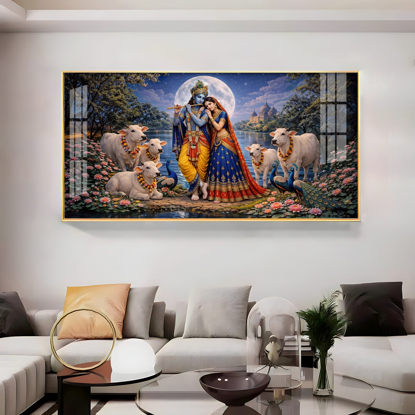Shri Radha Krishna With Cow Premium Acrylic Horizontal Wall Art
