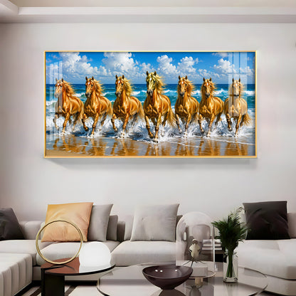 Seven Golden Horses In Ocean Premium Acrylic Horizontal Wall Art