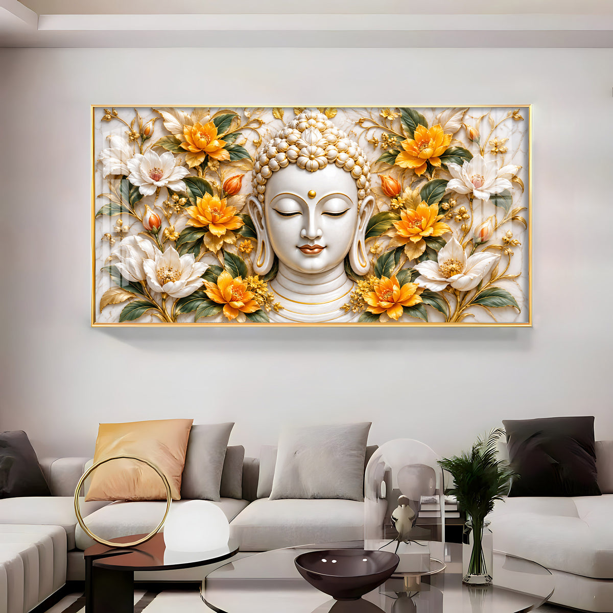 Buddha With Golden White Blossom Premium Acrylic Horizontal Wall Art