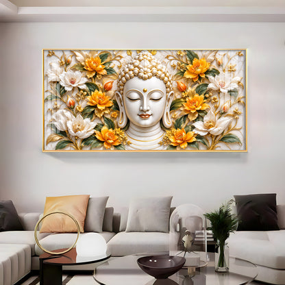 Buddha With Golden White Blossom Premium Acrylic Horizontal Wall Art