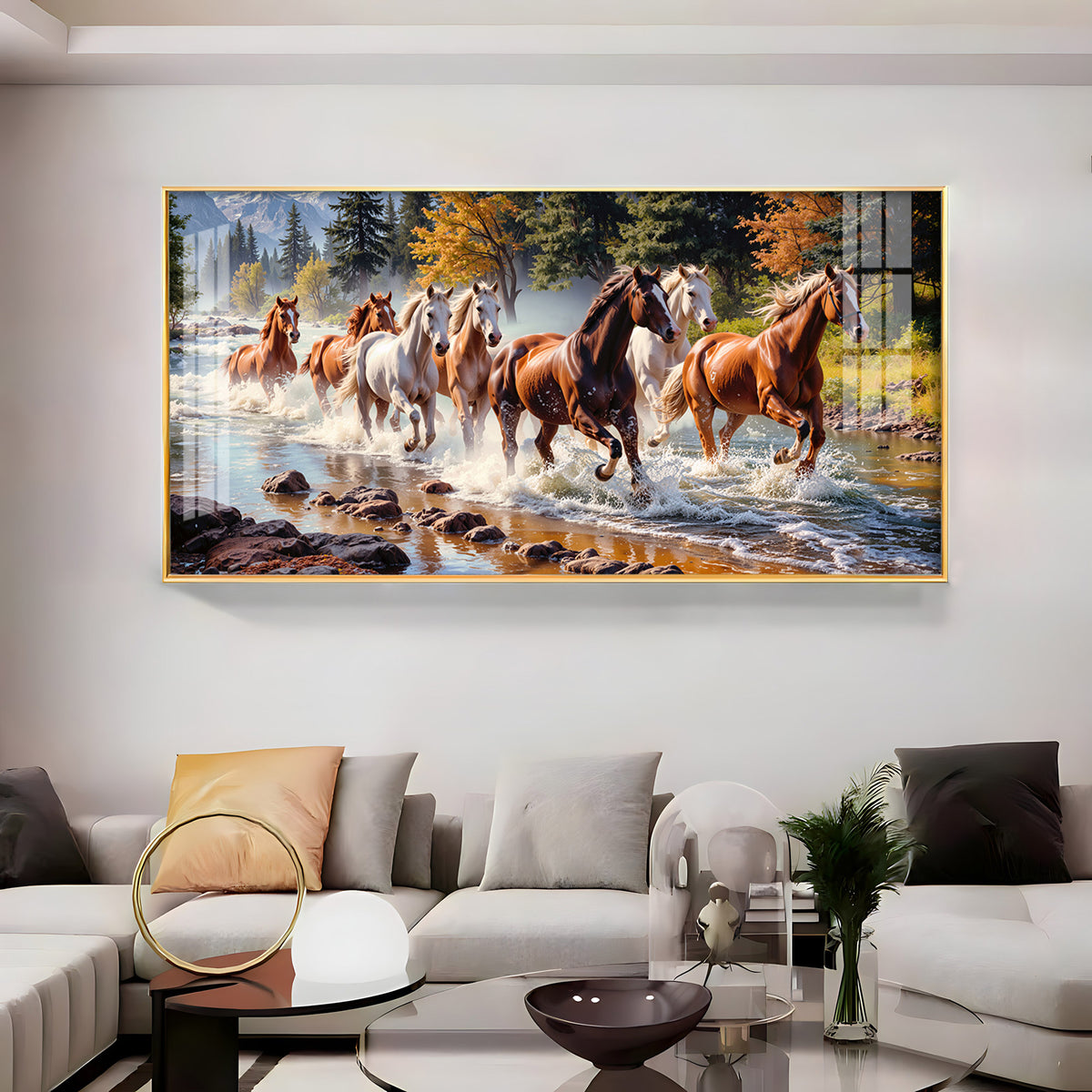 Running Horses in River Premium Acrylic Horizontal Wall Art