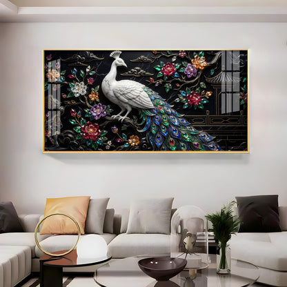 White Peacock With Colorful Background Premium Acrylic Horizontal Wall Art
