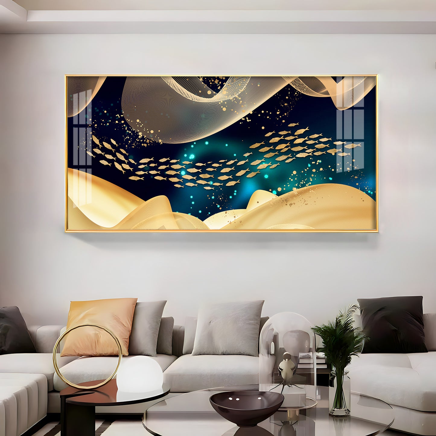 Golden Fish In Dark Blue Underwater Premium Acrylic Horizontal Wall Art