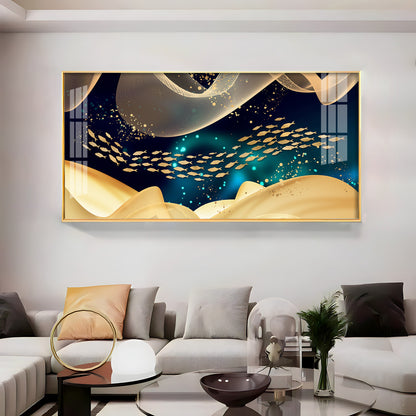 Golden Fish In Dark Blue Underwater Premium Acrylic Horizontal Wall Art