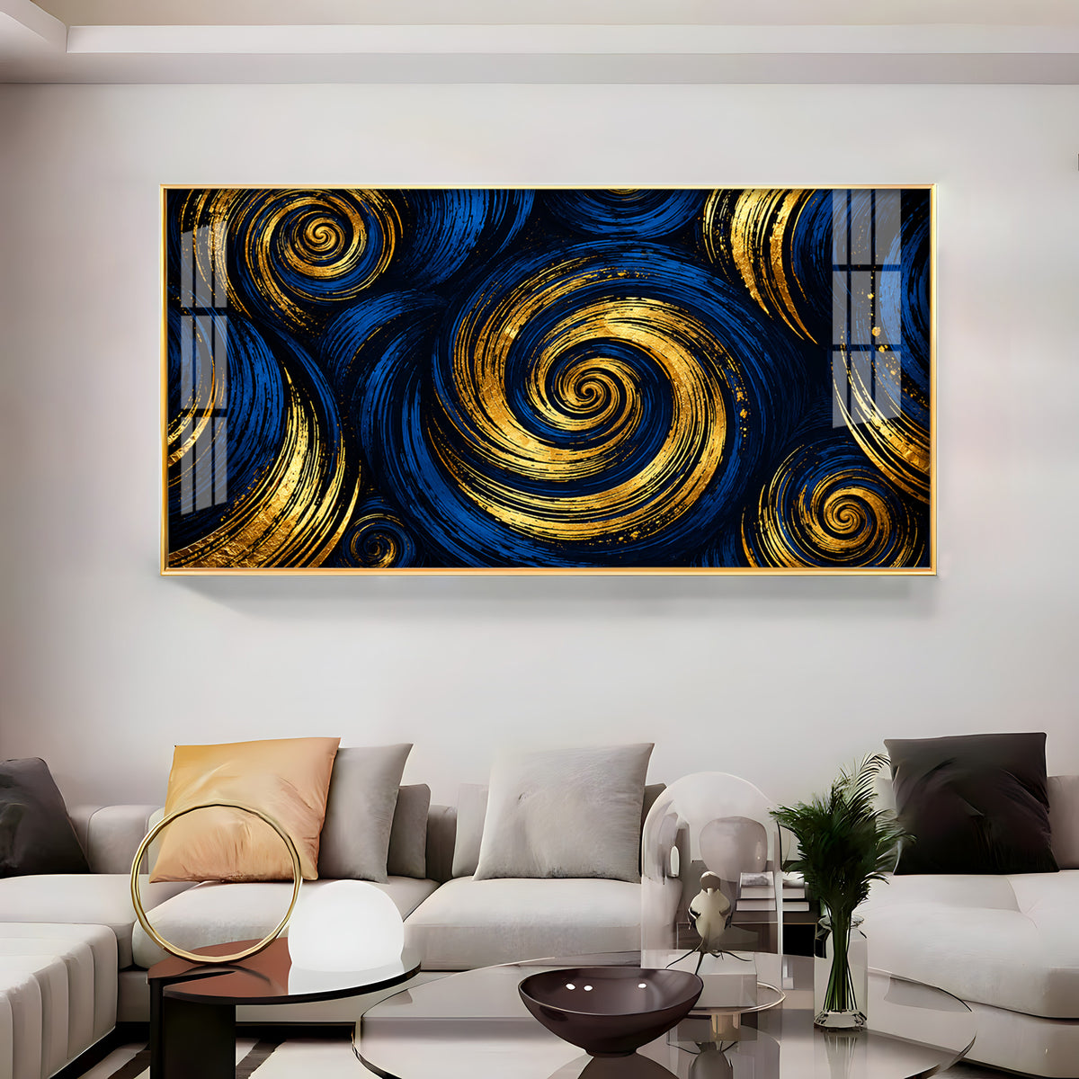 Blue Gold Swirls Premium Acrylic Horizontal Wall Art