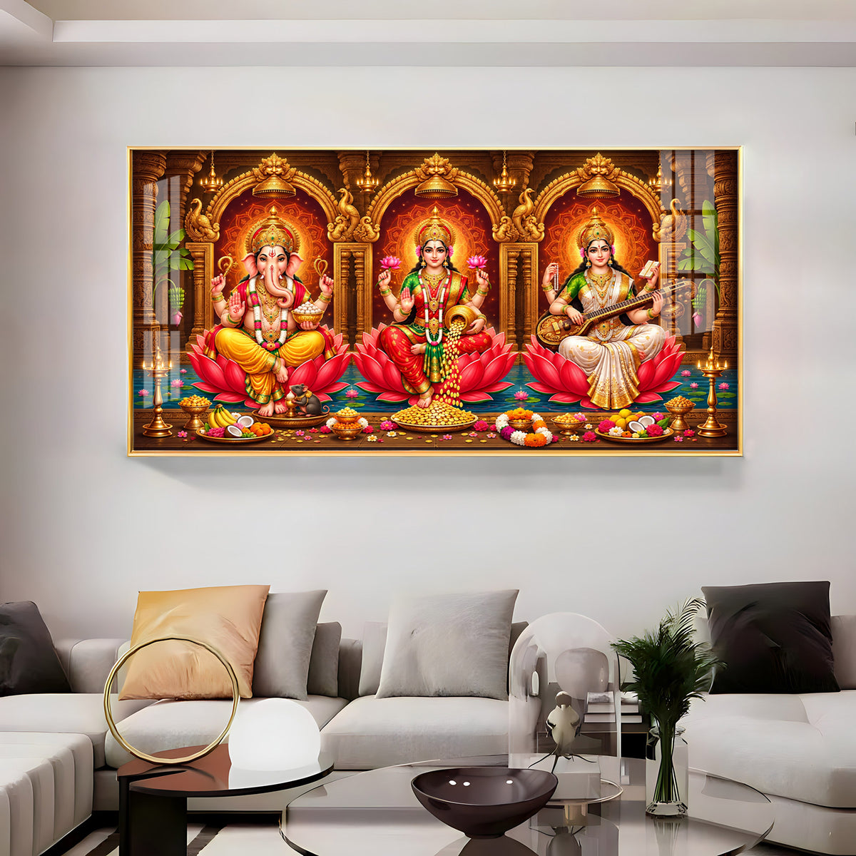 Lord Ganesha, Goddess Lakshmi and Goddess Saraswati Premium Acrylic Horizontal Wall Art