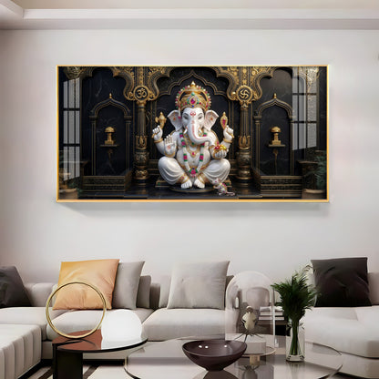 White & Gold Lord Ganesha Premium Acrylic Horizontal Wall Art