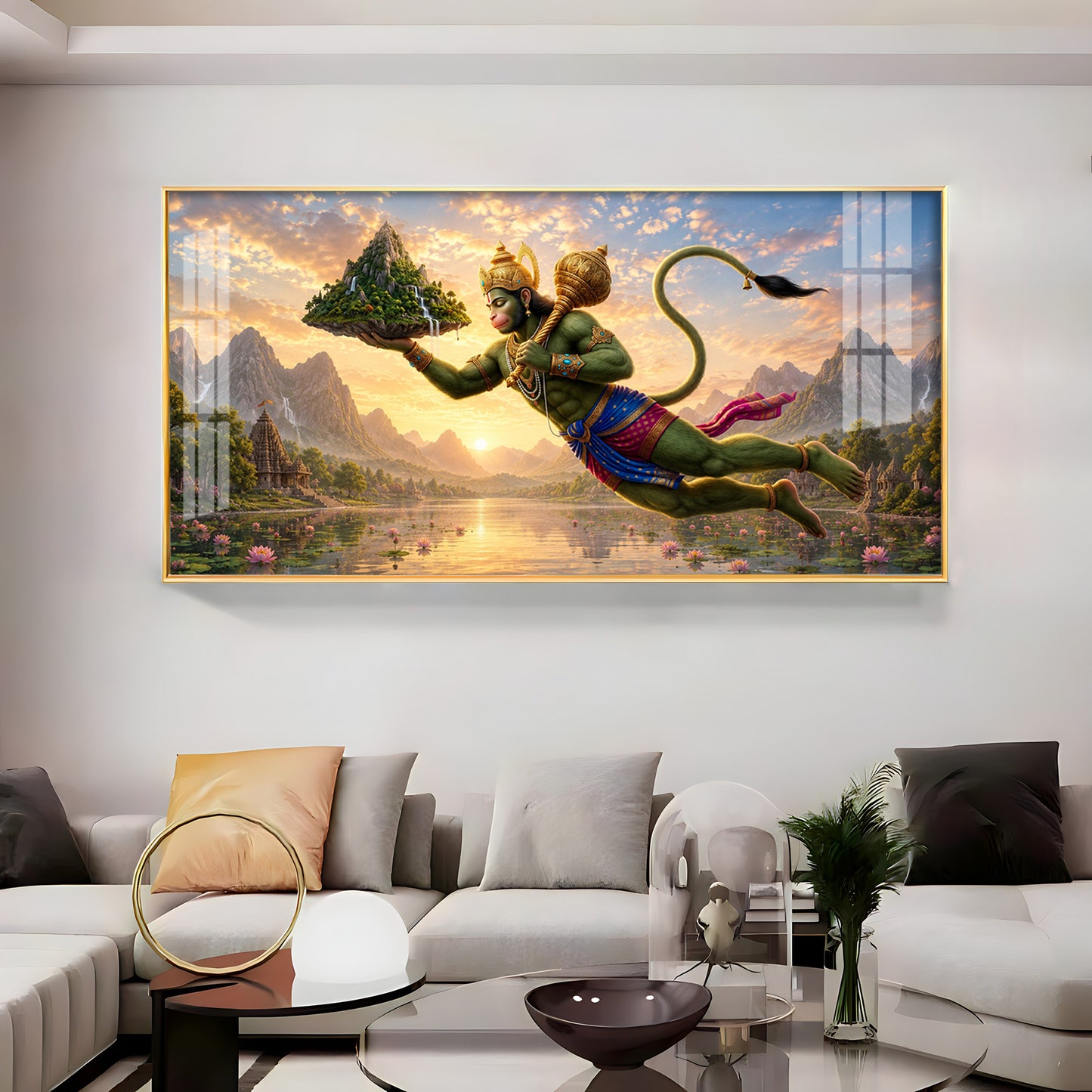 Lord Hanuman Carrying Sanjeevani Mountain Premium Acrylic Horizontal Wall Art