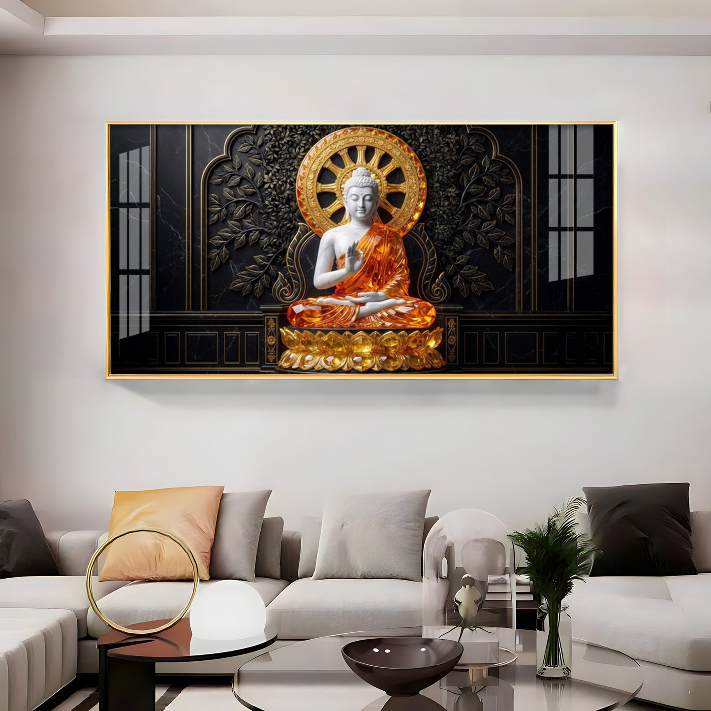 Buddha Meditating Gold & White Premium Acrylic Horizontal Wall Art