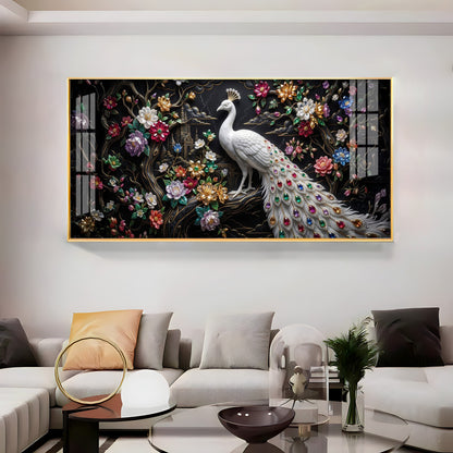 Peacock Embellishments & Black Background Premium Acrylic Horizontal Wall Art