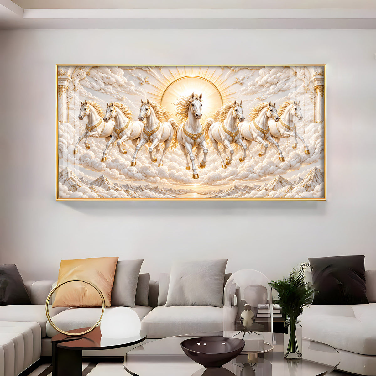 Seven Golden White Horses Premium Acrylic Horizontal Wall Art