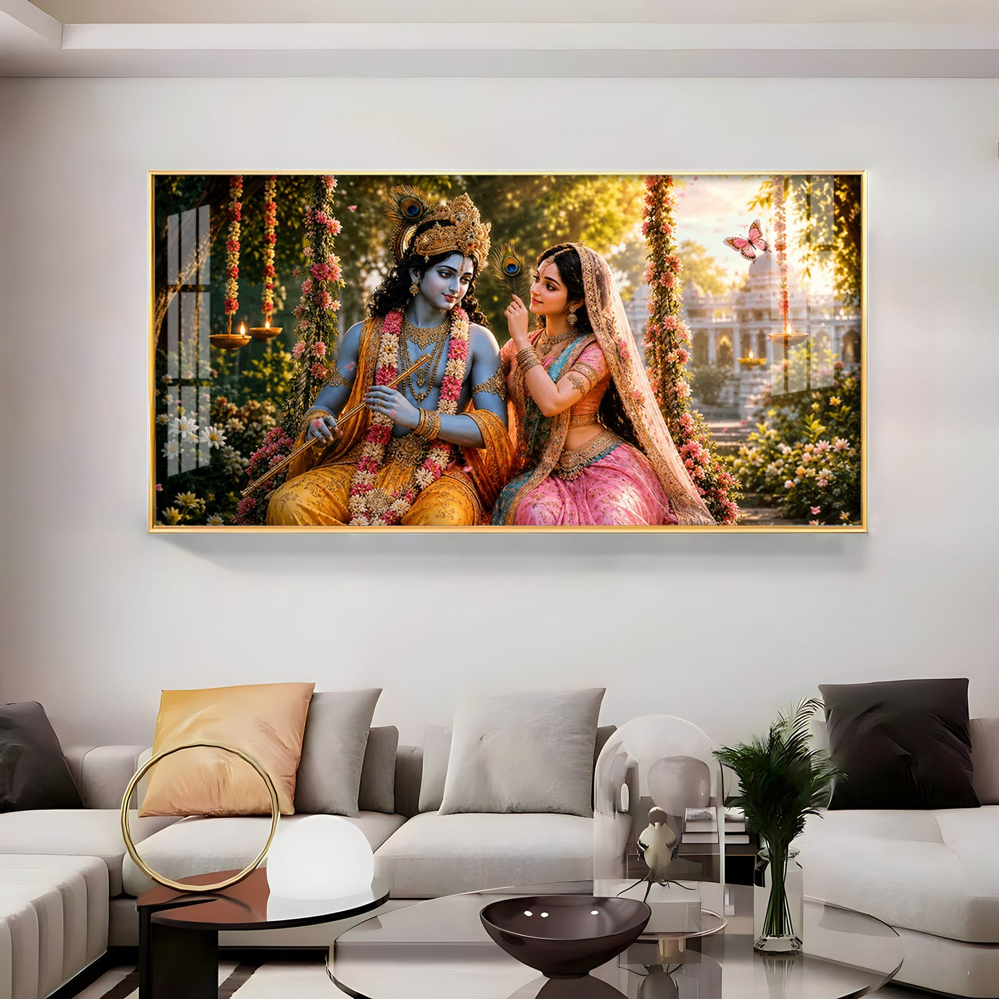 Krishna With Radha Seated Together Premium Acrylic Horizontal Wall Art