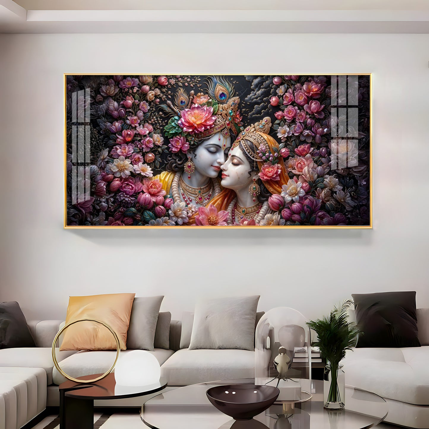 Floral Radha Krishna With Beautiful Background Premium Acrylic Horizontal Wall Art