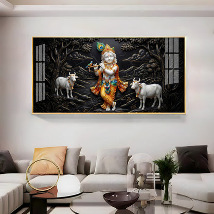 Lord Krishna With Cows Premium Acrylic Horizontal Wall Art
