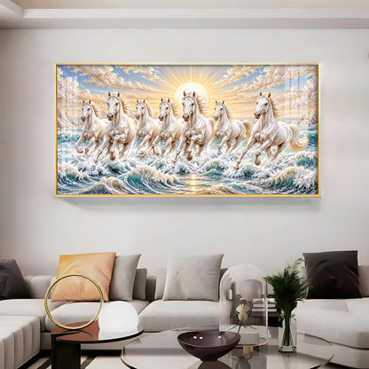 Majestic White Seven Running Horses Premium Acrylic Horizontal Wall Art