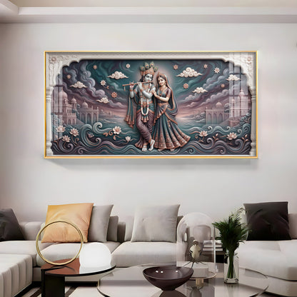Radha Krishna In Lotus Filled Premium Acrylic Horizontal Wall Art