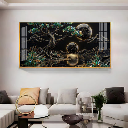 Tree & Sacred Mountains With Black & Gold Premium Acrylic Horizontal Wall Art