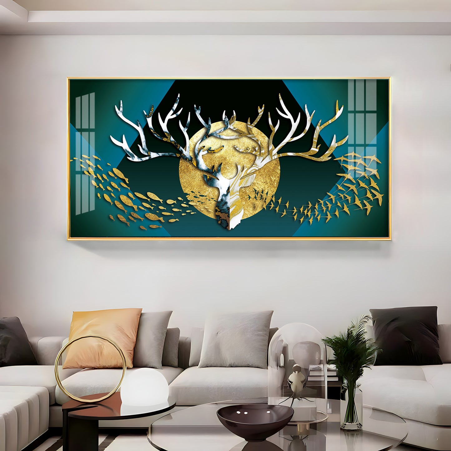 Deer Surrounded By Fish & Birds Premium Acrylic Horizontal Wall Art