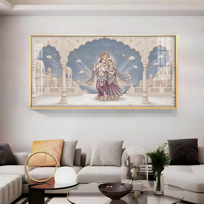 Shri Krishna Playing Flute With Radha Premium Acrylic Horizontal Wall Art
