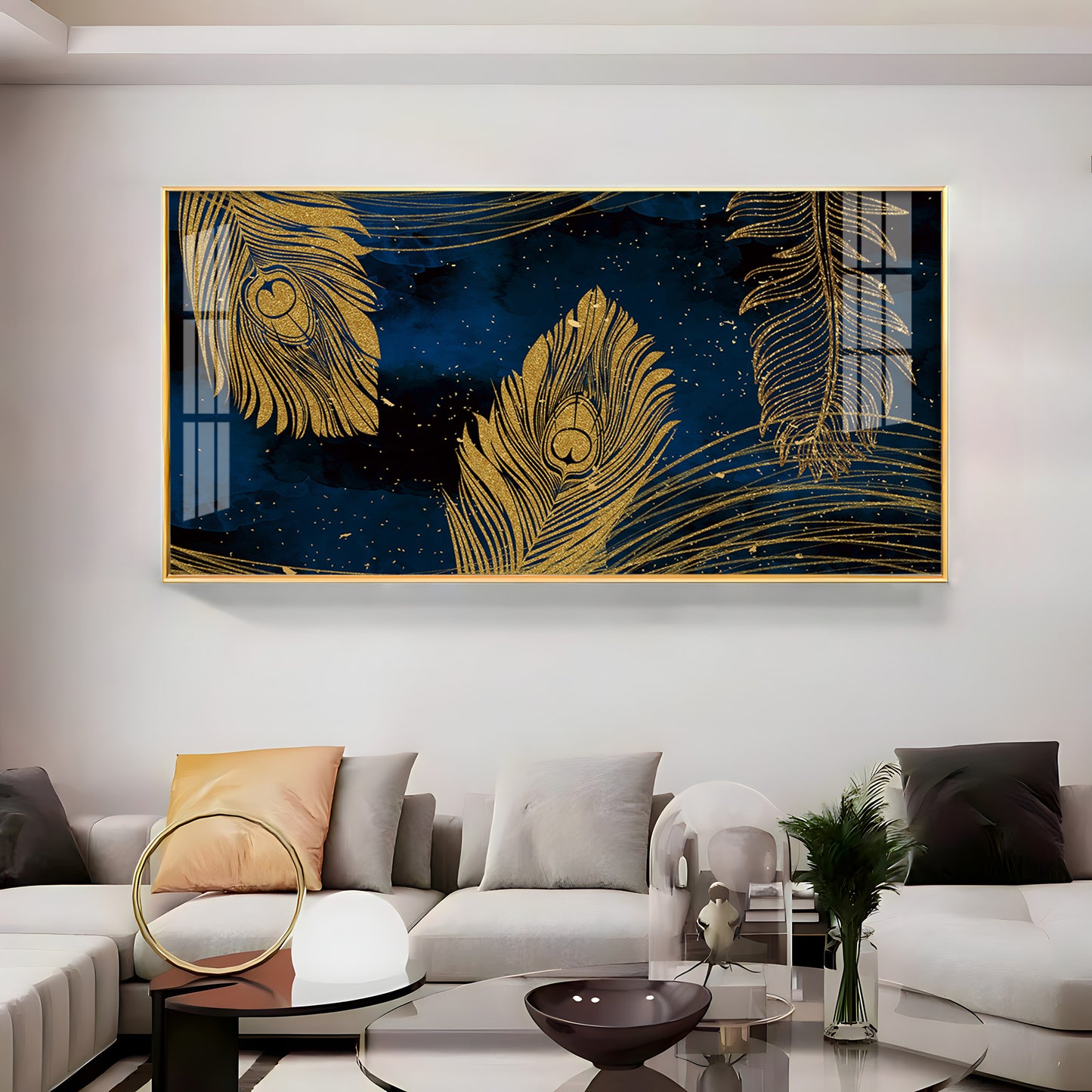 Gold Metallic Peacock Feathers Premium Acrylic Horizontal Wall Art