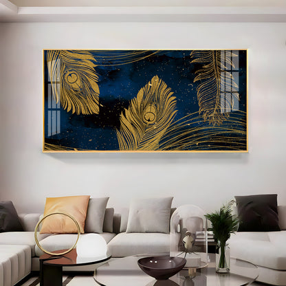 Gold Metallic Peacock Feathers Premium Acrylic Horizontal Wall Art