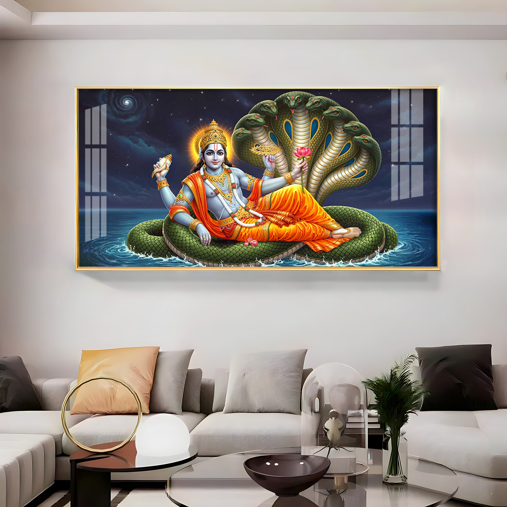 Lord Vishnu on Sheshnag Premium Acrylic Horizontal Wall Art