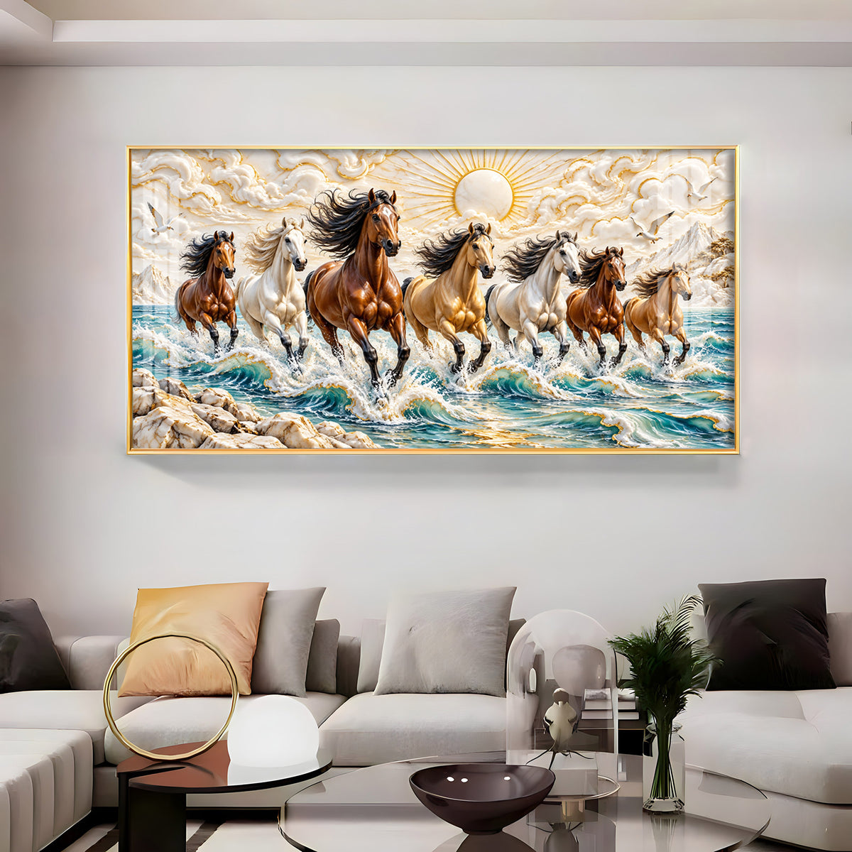 Seven Running Horses in Sea Premium Acrylic Horizontal Wall Art